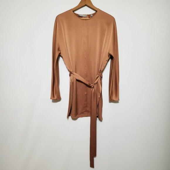 NWT Vince Satin Silk Tunic Top in Terracotta Brown Front Seam Size S $325